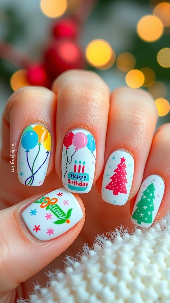 Nail art design combining birthday balloons and Christmas snowflakes in festive colors.